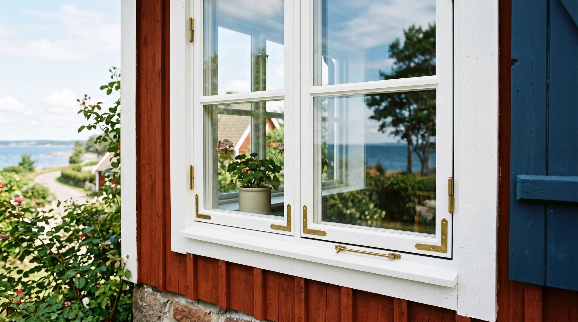 Detaljvy av renoverat träfönster på kärlek till küstvilla