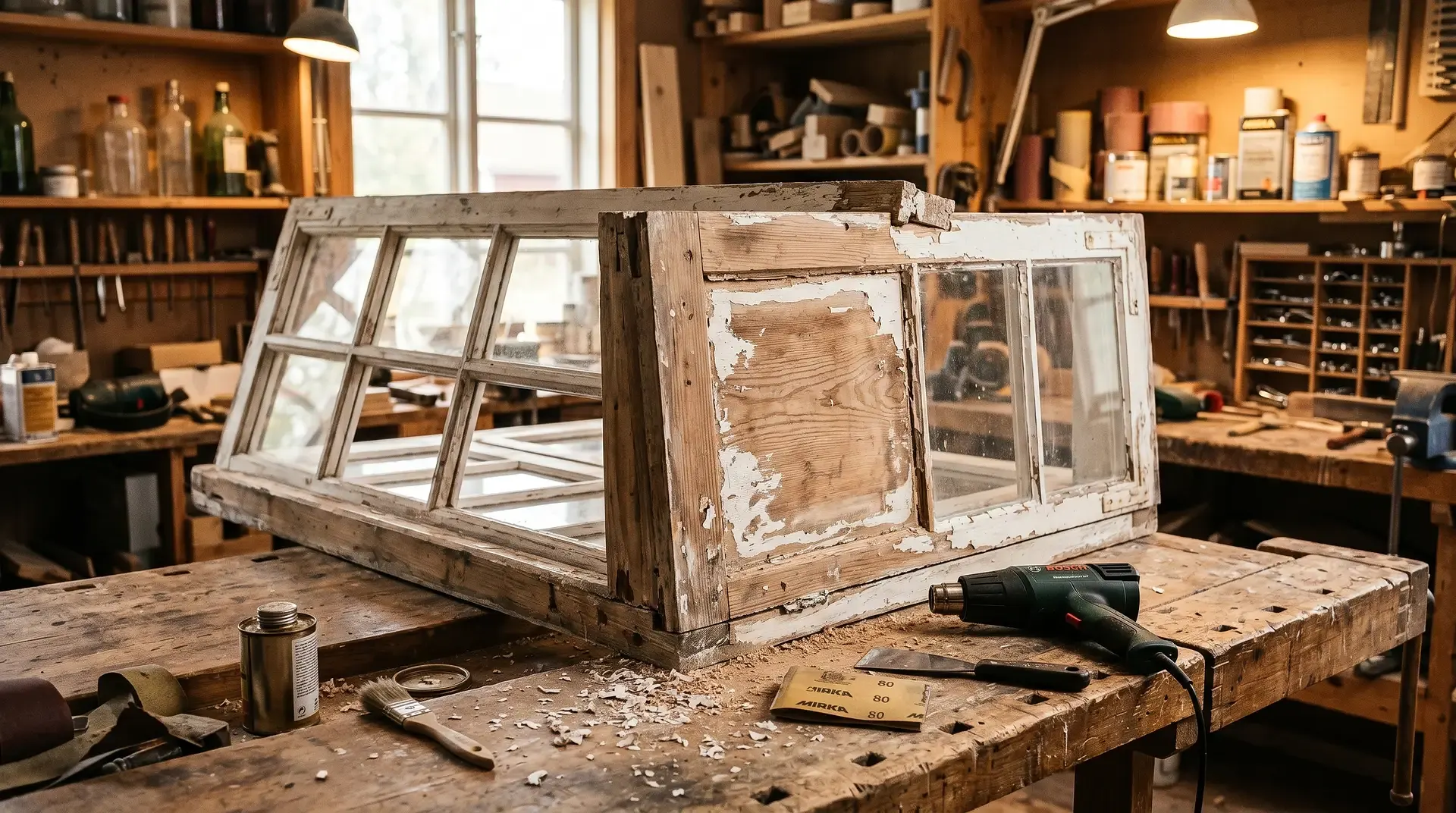 Renovering av träfönster i verkstad på Lidingö