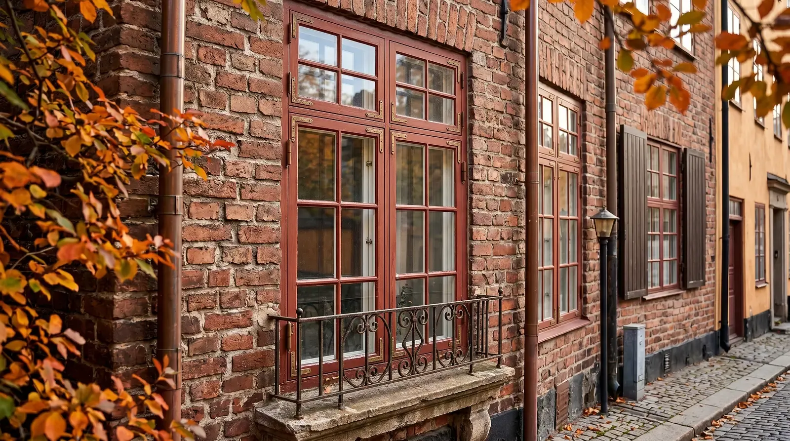 Klassiska träfönster på äldre Stockholmsbyggnad i höstljus
